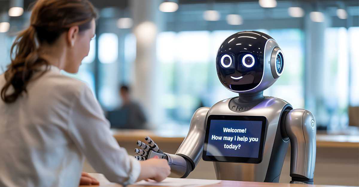 Roboter begrüßt Gäste in Büro-Lobby